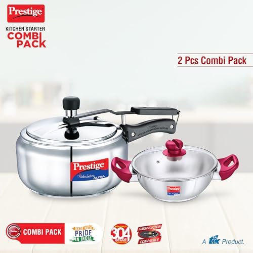 3.5L Nakshatra Alpha Stainless Steel Pressure Cooker and Platina 22cm(2.25L) Popular Kadai with Glass Lid Kitchen Set|Gas and Induction Compatible|5 Years Warranty|Silver