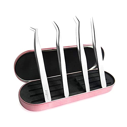 4PCS Eyelash Tweezers for Eyelash extensions, Eyelash Extension Tweezers Set, Straight and Curved Tweezers, Stainless Steel Lash Tweezers for Volume Eyelash Extensions Tweezer Set Application Tools