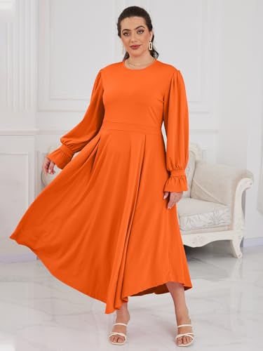 Image of Baczoe Plus Size Long Sleeve Church Dress for Curvy Women | Maxi Length, Elegant Formal Style, Flowy A-Line Shape, Two Side Pockets