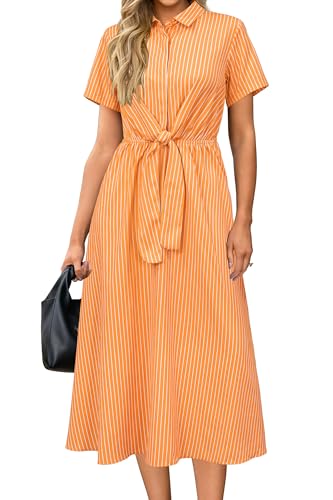 Newshows Womens Wear to Work Striped Button Down Midi Shirt Dress Tie Waist Office Business Casual Outfits(Orange White Striped,S)