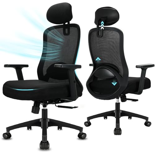 Durrafy Office Chair, Ergonomic Desk Chair with Adjustable Headrest, Lumbar Support and Armrest, High Back Ergonomic Office Chair with 90°-130° Tilt Function (Lockable), Computer Chair for Home/Office