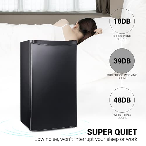 DSF Mini Fridge with Freezer 3.2 cu.ft Super Quiet(Holds 120 cans), Reversible Door and Thermostat Adjustable for Dorm, Playroom, Apartment, Black (MPBFR321)