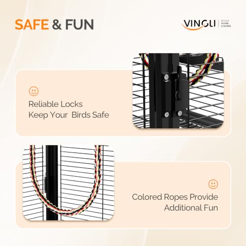 Image of VINGLI Small Bird Cage, 19 inch Travel Carrier Bird Cage with Handle, Wrought Iron Parakeet Cage with Wooden Perch for Parrot Lovebirds Finches Small /Medium Birds (Matte Black)