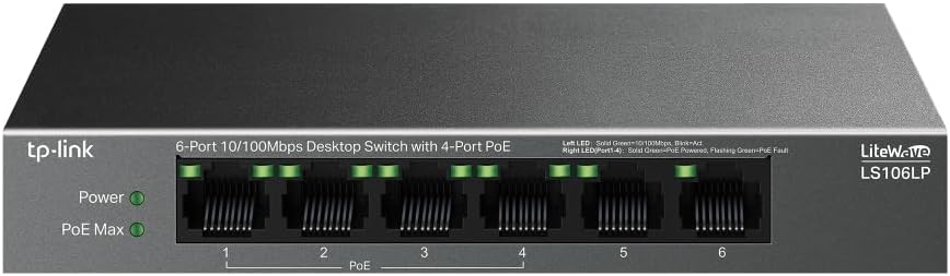 TP-Link LS106LP | 6-Port 10/100Mbps PoE Switch | 4-Port PoE, 41W Power Budget, 250m Transmission | Plug and Play, Silent Metal Case | IP Camera and AP Compatible