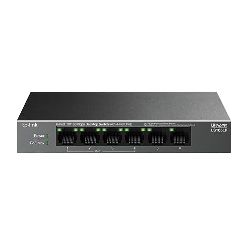 TP-Link LS106LP 6-Port 10/100Mbps Desktop Switch with 4-Port PoE, Up to 250m PoE Transmission, Ideal for IP Surveillance & Network Security