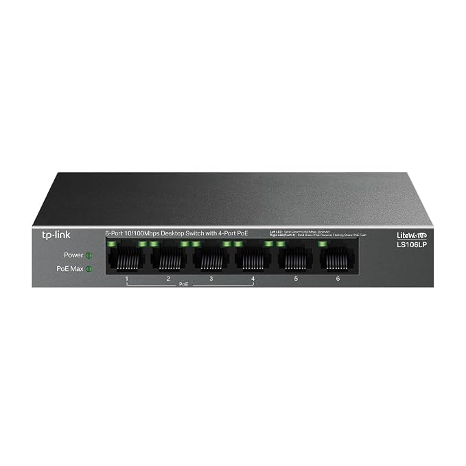 TP-Link LS106LP 6-Port 10/100Mbps Desktop Switch with 4-Port PoE, Up to 250m PoE Transmission, Ideal for IP Surveillance & Network Security