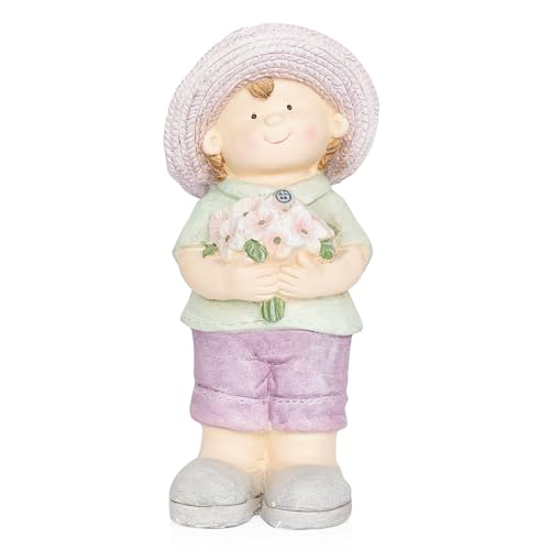 Alpine Corporation QWR1458 Outdoor Little Boy with Flowers Garden Statue, Playful Child Statue for Yard, 16' H, Purple