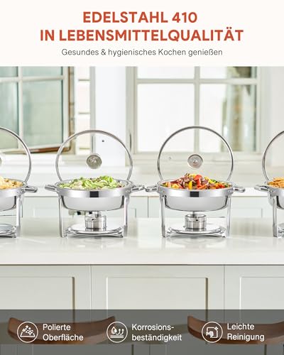 Wilprep 5,5L Rund Speisenwärmer mit Glasdeckel 4 Set Chafing Dish Set Erstklassiger 410 Edelstahl Wärmebehälter Suppenwärmer Bain Marie für Catering Buffet und Party – Bild 4
