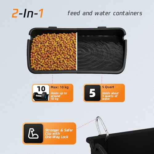 NZJWZS Hanging Chicken Feeder Troughs (6 Pack, 5 Qt) – Durable Black Plastic Poultry Feed & Water Buckets with Metal D‑Clips, Multi‑Animal Goat, Sheep, Duck, Pig, Horse, Chicken Coop Feeder