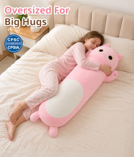 Image of MaoGoLan Long Cat Body Pillow for Kids, 44'' Big Kitten Plush, Pink