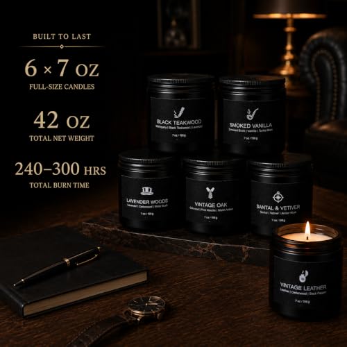 Image of Scented Candles for Men, 6 Masculine Scents Set, 42oz Total | 200H-250H Burn Time, Woody Manly Gift Set, Smoked Vanilla, Black Teakwood Santal & Vetiver for Him