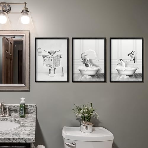 Heiple Framed Bathroom Wall Art Set of 3 Funny Animals - Penguin, Cow, Elephant - Farmhouse Style - Black, 11''x14'' - Image 4