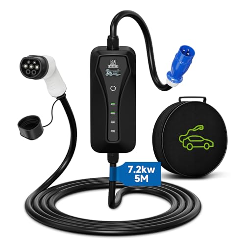 AFYEEV Cargador Coche Electrico, 7.2kw Cable de Cargador EV Portátil, 10/16/25/32A Corriente Ajustable, Cargador EV Tipo 2 con Bolso, IEC 62196-2, 5M (Azul)