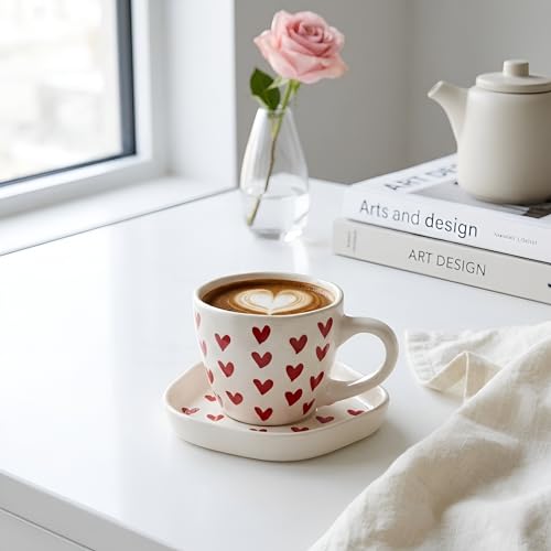 Image of Heart Print Ceramic Coffee Mug and Saucer Set of 2 - Aesthetic Tea Cup, Cute Coffee Mugs for Cafe, Cups & Mugs, Best Gift for Couples and Friends 250 Ml