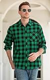 Cromoncent Men's Casual Plaid Flannel Long Sleeve Button Down Shirt,Green Black,Small