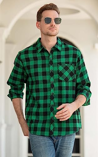 Cromoncent Men's Casual Plaid Flannel Long Sleeve Button Down Shirt,Green Black,Small