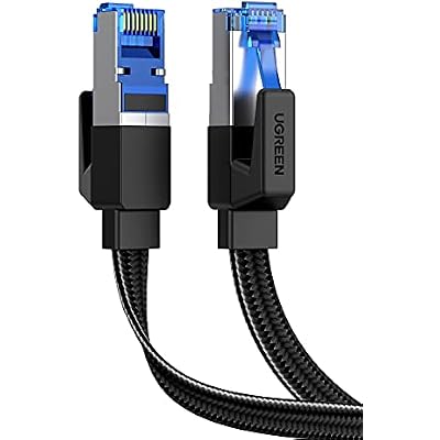 UGREEN Cat 8 Ethernet Cable 1.5FT, Flat High Speed 40Gbps 2000Mhz Internet Cable 26AWG Braided Network Cord RJ45 Shielded Indoor LAN Cables Compatible for Gaming PC PS5 Xbox Modem Router 1.5FT