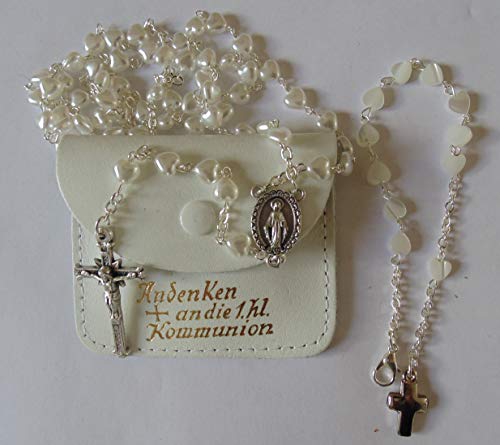 Perlmutt-Rosenkranz weiss mit Lederetui + Armbändchen aus Perlmuttherzen