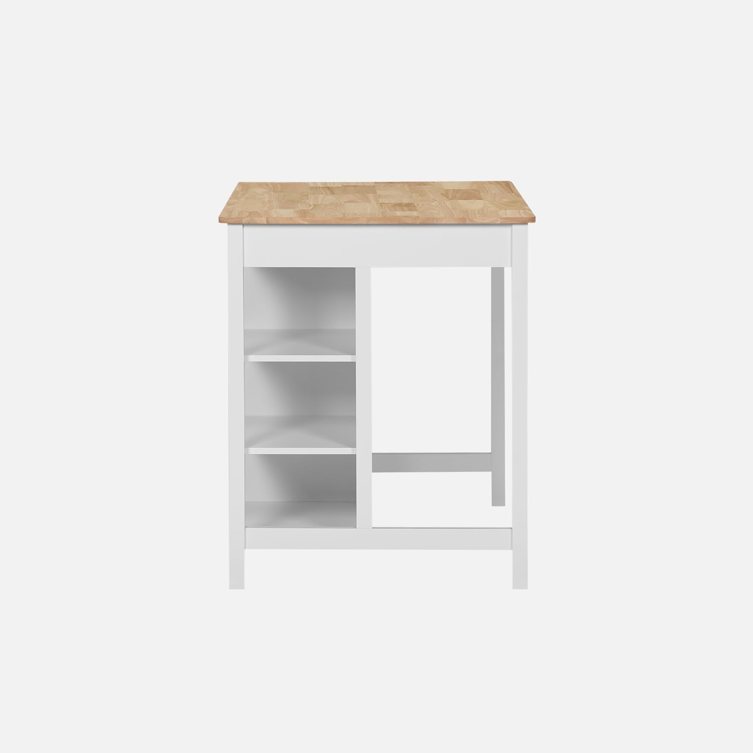 sweeek - Îlot Central de Cuisine MOLENE. Plateau en Bois d'hévéa. 120x75cm. Blanc. 5 étagères. 1 Porte. 1 tiroir. L 120 x P 75 x H 90cm