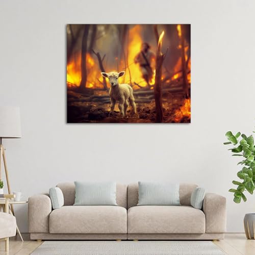 Image of Jesus and Lamb Canvas Wall Art Lamb Lost in the Forest Fire Picture Wall Art Canvas Print Christian Home Decor 12x16 inch