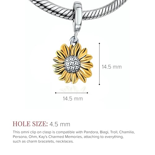 Bolenvi Gold Sunflower Sunshine Dangle Pendant Charm - Omni Clasp Clip on 925 Sterling Silver Charms Compatible with Pandora & Similar Bracelets, Necklaces & DIY Jewelry - 14K Gold Plating2