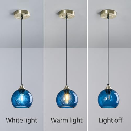 Image of Blue Glass Pendant Lights Kitchen Island Lighting Globe Pendant Light Fixtures Modern Pendant Lighting for Kitchen Island Bedroom Living Dining Room Light Fixture(5.9in, 1-Pack)