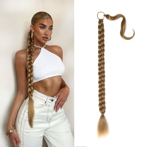 Long Braided Ponytail Extension with Elastic Hair Tie Straight Wrap Around Synthetic Hair Extension Soft Natural Hairpiece for Women DIY Braids Daily Wear(Honey Brown)
