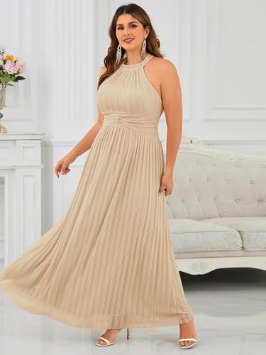 Image of Ever-Pretty Plus Women's Floor Length A-Line Halter Sleeveless Pleated Glitter Plus Size Formal Dress Evening Gown
