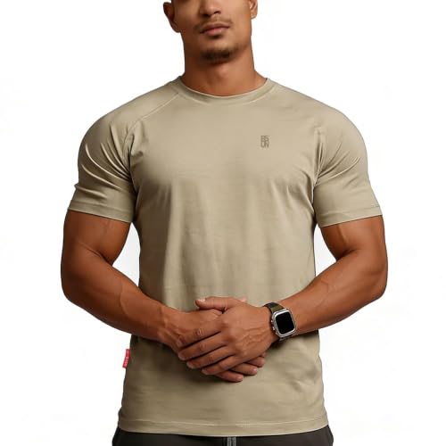Image of Men's Cotton Short Sleeve Raglan Crew Neck Gym Workout Athletic Tee | Breathable raglan crew neck tee with mild elasticity, suitable for workout, fitness exercise and daily casual wearing