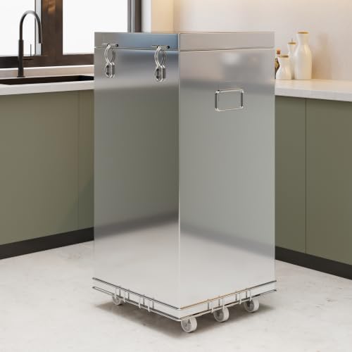 Image of LAPO Wheat Storage Container with Wheels for Kitchen, Large Grain Container Stand for Yearly Wheat Storage, Heavy Duty-Free Standing Storage Trolley, Easy to Move Stand-Chrome Finish