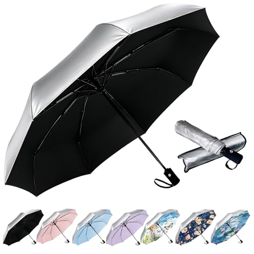 Image of SIEPASA Compact Travel Umbrella - Windproof Auto Open /Close, Small Folding Umbrella for Rain & Sun with UPF50+ - Lightweight Frame, Waterproof - Fits Backpack, Purse, Suitcase.(Silver /Black)