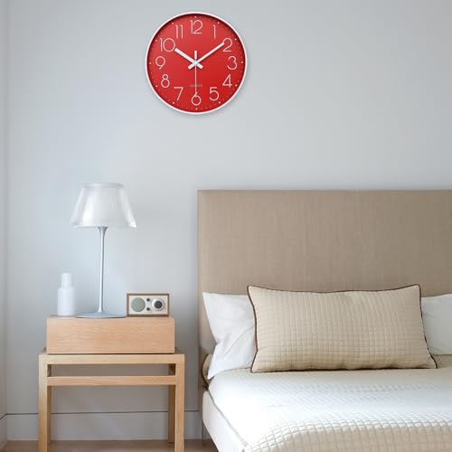 Image of jomparis Red Wall Clock 12 Inch Silent Non-Ticking Battery Operated Quality Quartz Round Wall Clock Modern Decor Clock for Home Bedroom