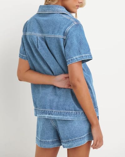 Image of Kedera Summer Denim Set for Women 2 piece Casual Short Sleeve Boxy Shirt Tops and Shorts Pants Lounge Sets Outfits