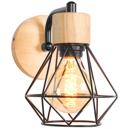 TOKIUS Aplique de Pared Vintage Diseño Jaula Ø 16cm Industrial Lámpara de Pared Interior de Hierro y Madera E27 Iluminación Aplique Retro para Pasillo Dormitorio Salón Cocina (Madera, Tipo B, Negro)