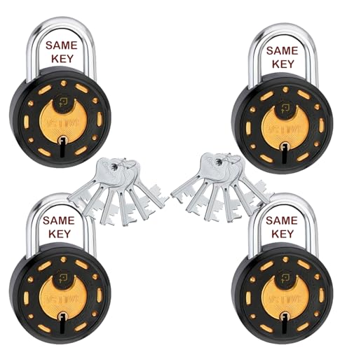 Image of Azco Round Locks 65mm 12 Same Keys with 4 Padlocks | 8 Levers Double Locking | Lock and Keys for Home Door Shutter Shop Main Gate Truck Door Lock Black Gold Finish (Pack of 4)