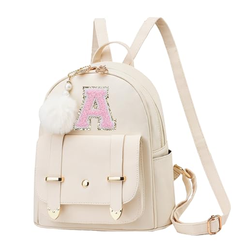 CALLPIONEER Initial Cute Mini Backpack Purse for Women Pompom Back pack Shoulder Bag (Letter A)