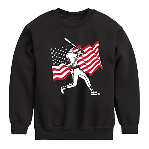 Instant Message - Baseball Player American Flag - Toddler & Youth Crewneck Fleece Sweatshirt