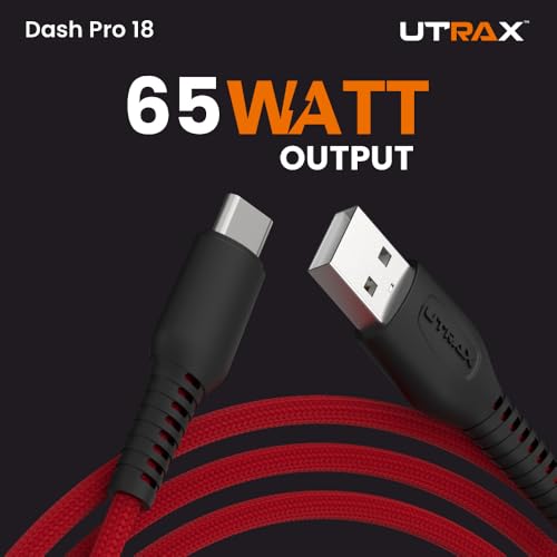 Image of UTRAX 65W USB A to Type C Fast Charging Cable, Unbreakable Nylon Braided, Multi Protocol Support, Copper Connector, Fast Charge & Data Sync for Android Smartphones, Tablets (Red)