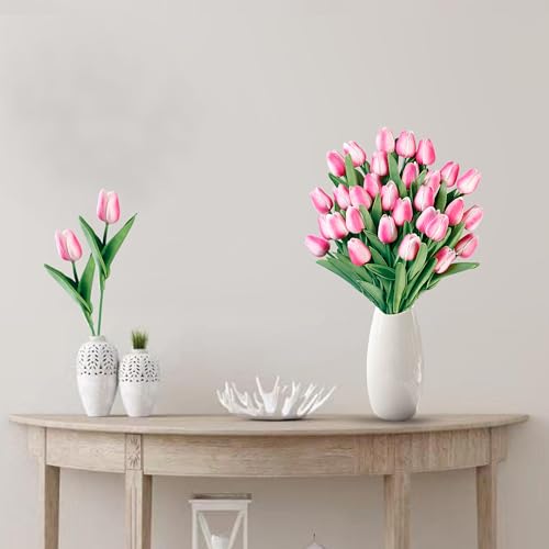Image of Sggvecsy 30 Pcs Fake Tulips Artificial Flowers Real Touch PU Faux Flowers Tulip Stems for Wedding Spring Bouquet Floral Arrangement Home Party Office Decorations for Mother's Day (Rose Pink)