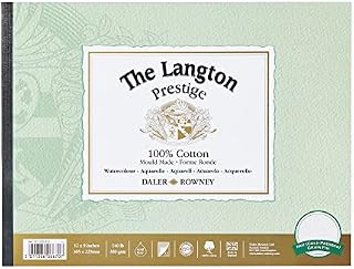 Daler-Rowney The Langton Prestige, Watercolour & Gouache Cold Pressed 300gsm 12 x 9in Paper Pad, Glued 1 Side, Natural White, 12 Sheets, Ideal for Professional Artists, 100% Cotton