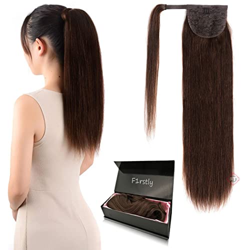 Image of Firstly Traders Human Hair Hairpieces Wrap Around Pony in Women Hair Extension Natural Straight Hair Extensions, 18 inches Dark Brown