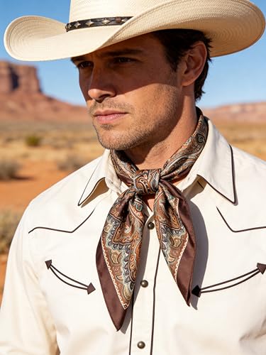 Image of 35 inch Men's Silk Cowboy Scarf - Oversized Western Bandana Neckwear, Large Square Scarf with Gift Packaging