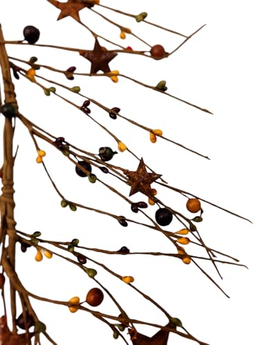N107mustardburgundyandgreenprimitiveberrieswithrustystarsseasonaldecor455length Urban Country Home Decor N107 mustard burgundy and green primitive berries with rusty stars seasonal decor 45 5 length urban country home decor
