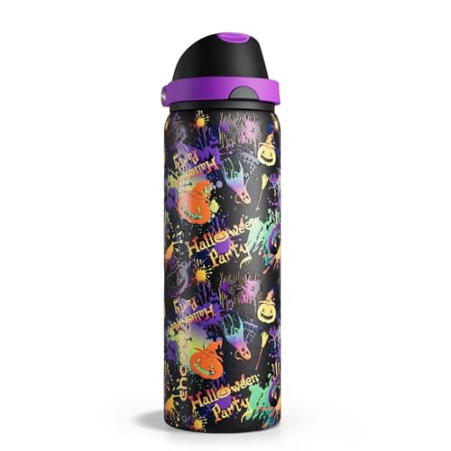 Image of Insulated Water Bottle with Straw - Encool Stainless Steel Water Bottle with Push Button Lid, Leak-Proof & BPA-Free, Keeps Cold for 24 Hours for Sports, Travel, Gym (32 oz, Ghost Party)
