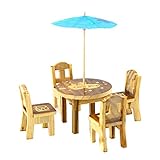 Adornos en miniatura; sillas en miniatura; mesa en miniatura y sillas; paraguas en miniatura; mesa en miniatura; mesa de madera; silla de madera en miniatura; adornos de jardín en miniatura.