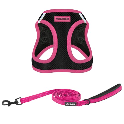 Image of Voyager Step-in Air All Weather Mesh Harness and Reflective 5 ft Dog Leash with Neoprene Handle for Small, Medium and Large Breed Puppies by Best Pet Supplies - Pink Trim, XL
