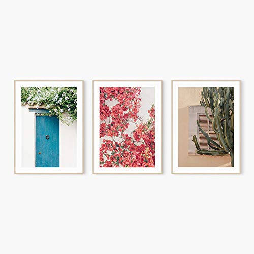 Art mural imprimé floral rose et cactus contemporain | Décoration maison 3 pièces 50x75