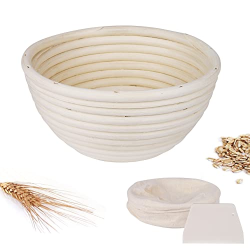 Mitening Cesta de Fermentación de Pan, Banneton, Cesta de Ratán Natural, con Plastico Raspadores Masa+Forro de Lino, Cesta de Ratán Natural para Pan y Masa (Redonda, Ø 18 cm)
