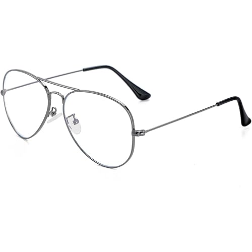 Classic Aviator Blue Light Glasses for Women Men, Metal Frame Clear Lens Eyeglasses (Gunmetal)