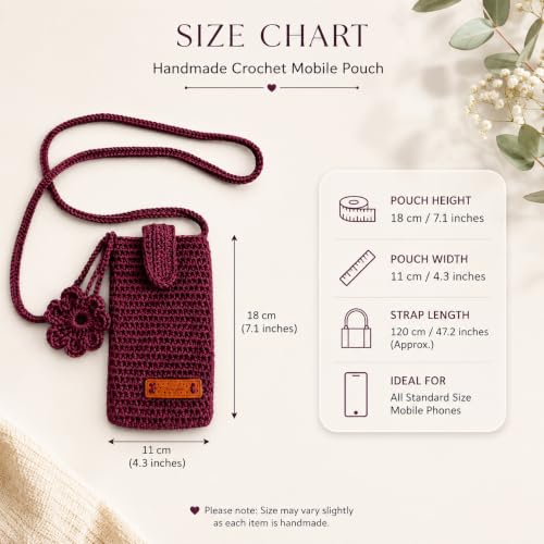 Image of Handmade Crochet Mobile Pouch for Women & Girls | Knitted Phone Holder with Wrist Strap | Cute Floral Aesthetic Mobile Cover Case | Soft Yarn Handmade Gift (Magenta)
